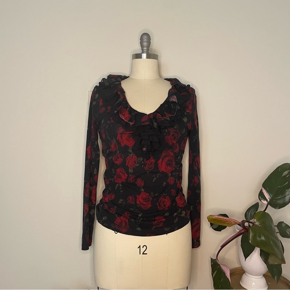 Vintage American Living black and red rose cotton blouse with ruffled neckline